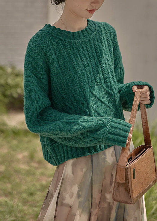 New Peacock Green O Neck Patchwork Cable Knit Sweaters Fall Tu046