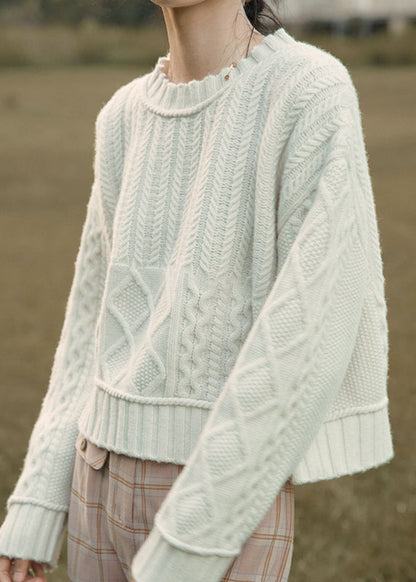 New Peacock Green O Neck Patchwork Cable Knit Sweaters Fall Tu046