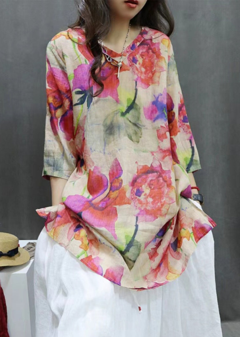 New Photo Color V Neck Print Linen Blouse Half Sleeve Gg065