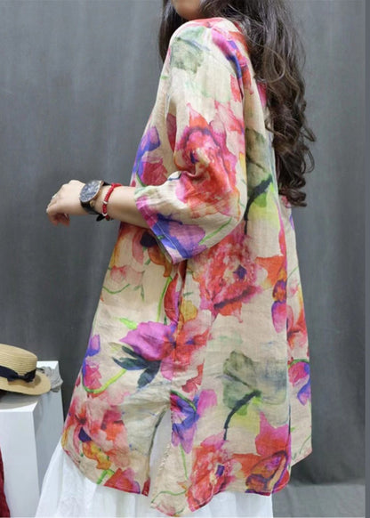 New Photo Color V Neck Print Linen Blouse Half Sleeve Gg065