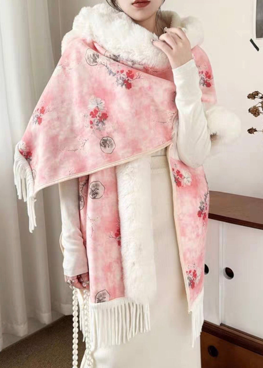 New Pink Hooded Tasseled Patchwork Warm Fleece Coats Half Sleeve Rz019