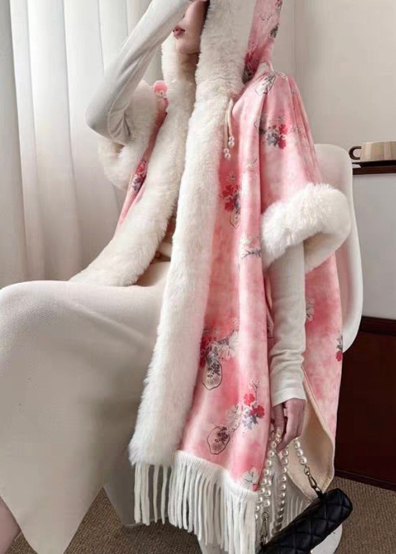 New Pink Hooded Tasseled Patchwork Warm Fleece Coats Half Sleeve Rz019