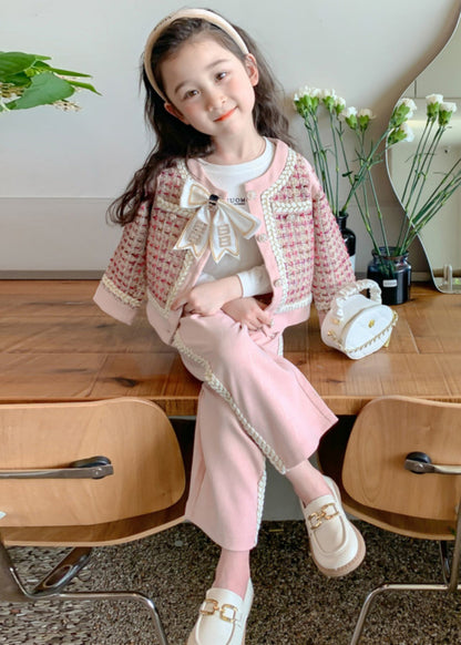 New Pink O-neck Bow Button Kids Top and Wide Leg Pants Two Pieces Set Spring Tr024