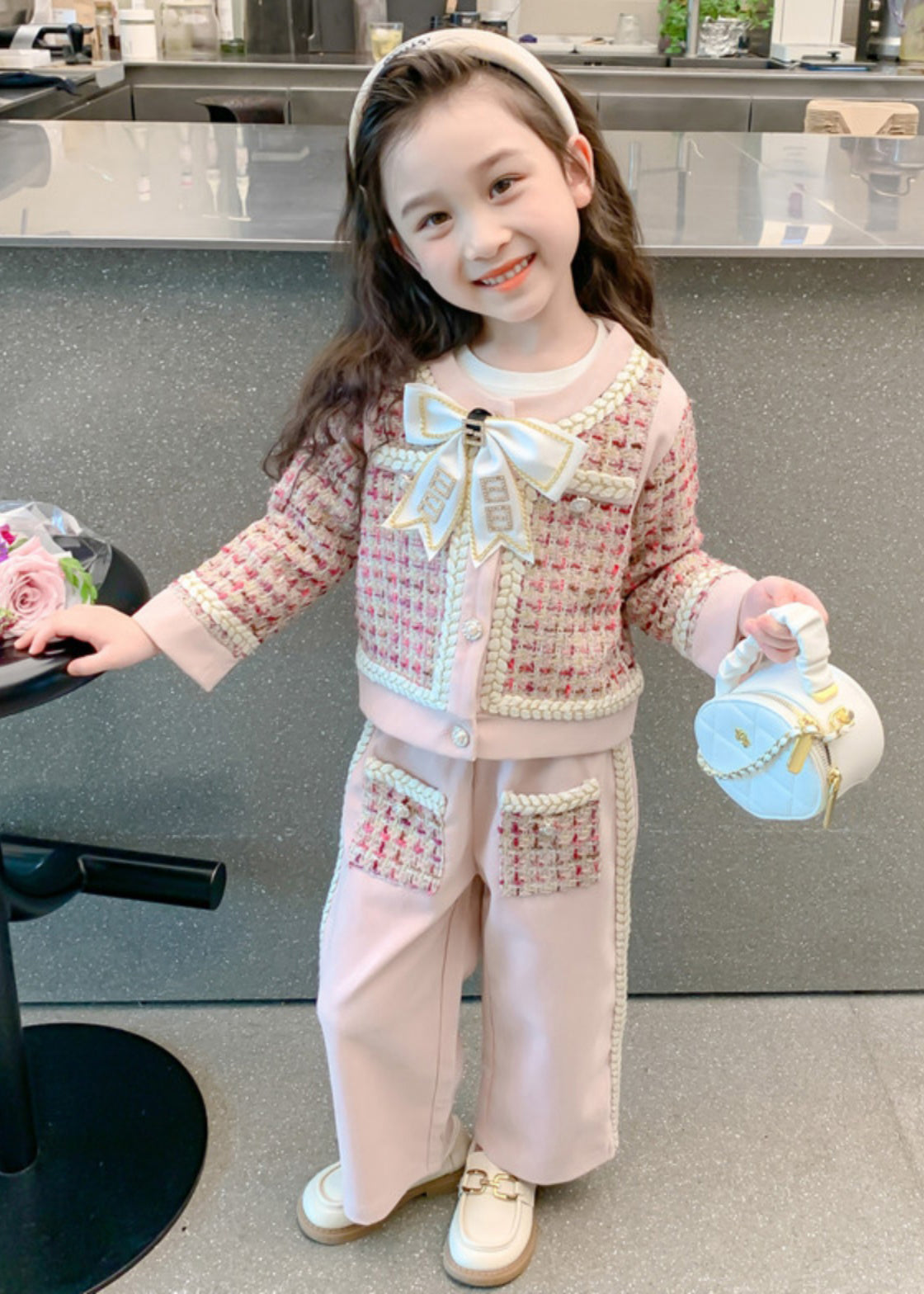 New Pink O-neck Bow Button Kids Top and Wide Leg Pants Two Pieces Set Spring Tr024