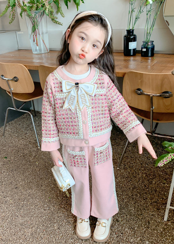 New Pink O-neck Bow Button Kids Top and Wide Leg Pants Two Pieces Set Spring Tr024