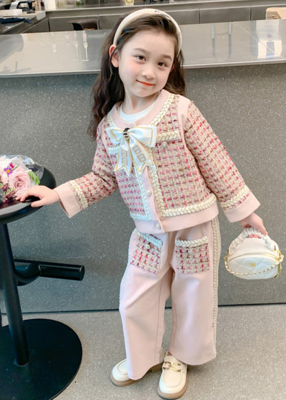 New Pink O-neck Bow Button Kids Top and Wide Leg Pants Two Pieces Set Spring Tr024