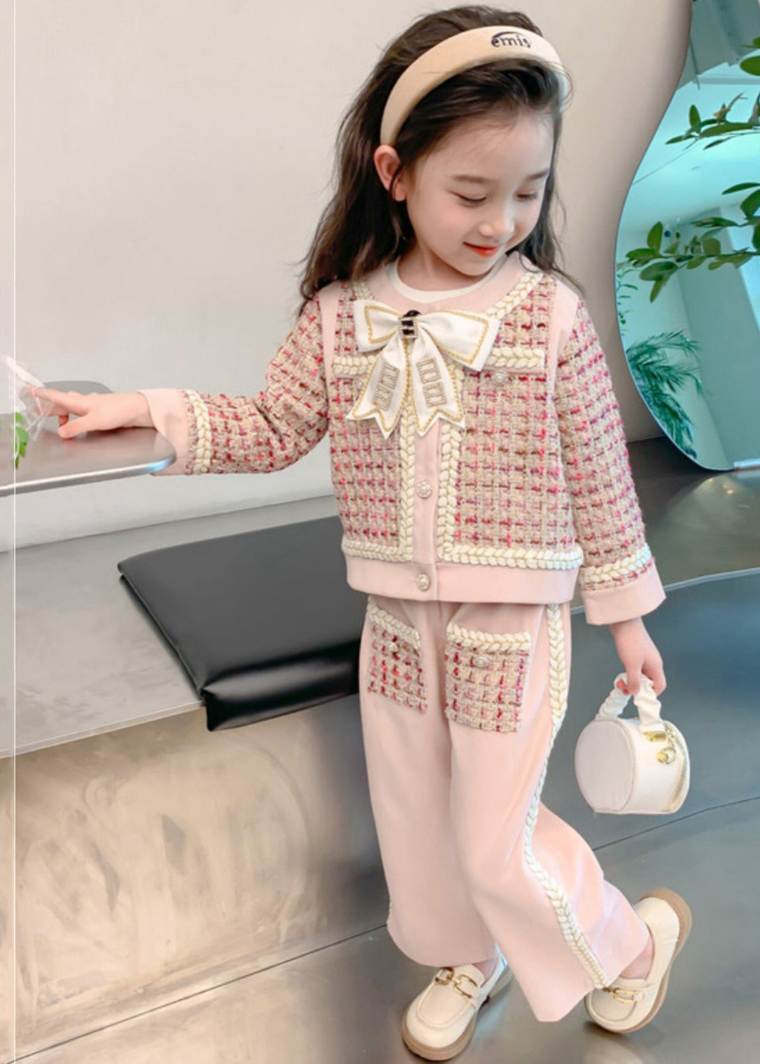 New Pink O-neck Bow Button Kids Top and Wide Leg Pants Two Pieces Set Spring Tr024