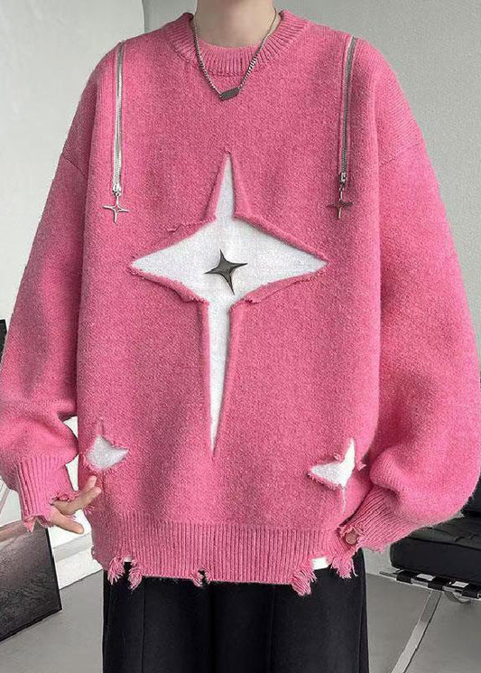 New Pink O Neck Hole Cozy Knit Sweater Fall Qh020