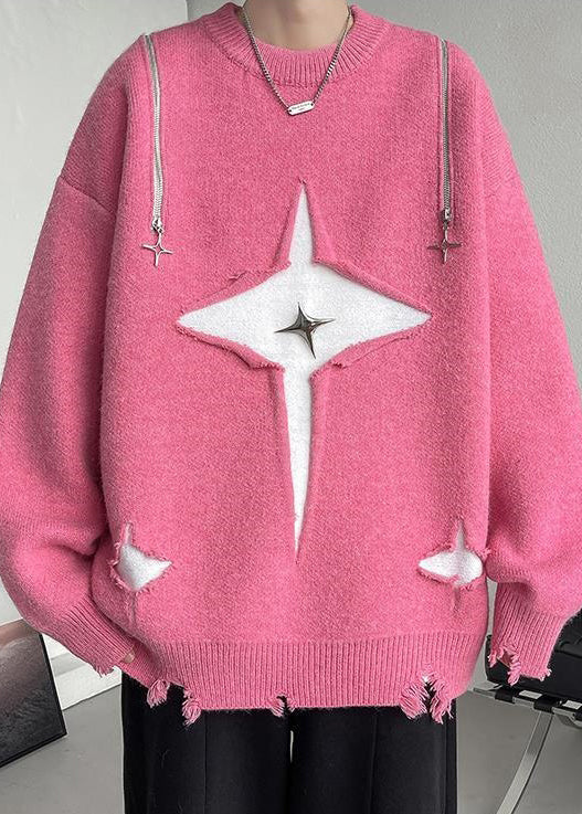 New Pink O Neck Hole Cozy Knit Sweater Fall Qh020