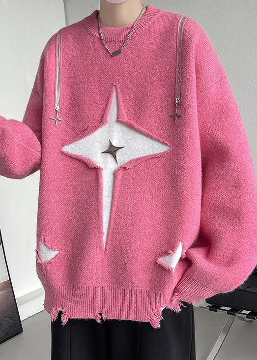 New Pink O Neck Hole Cozy Knit Sweater Fall Qh020