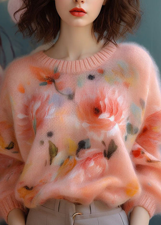 New Pink O Neck Thick Print Knit Sweater Fall Wo024