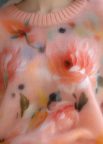 New Pink O Neck Thick Print Knit Sweater Fall Wo024