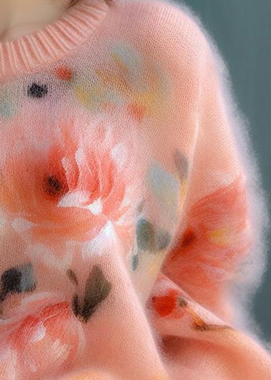 New Pink O Neck Thick Print Knit Sweater Fall Wo024