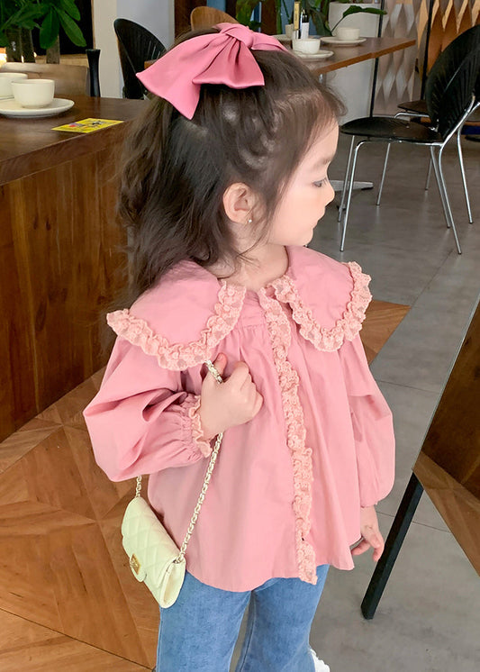 New Pink Peter Pan Collar Lace Patchwork Cotton Blouses Spring Yu1037