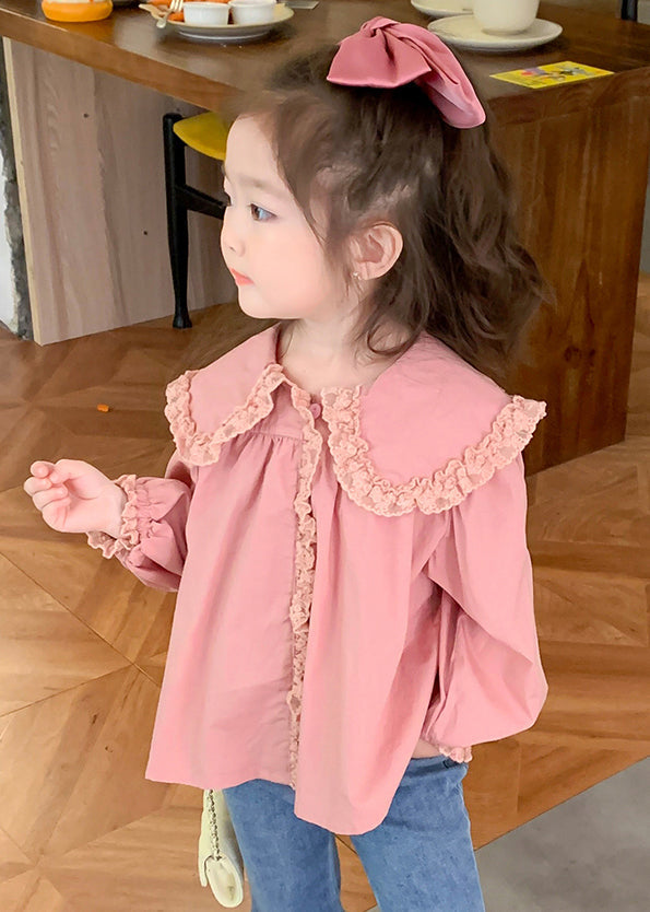 New Pink Peter Pan Collar Lace Patchwork Cotton Blouses Spring Yu1037