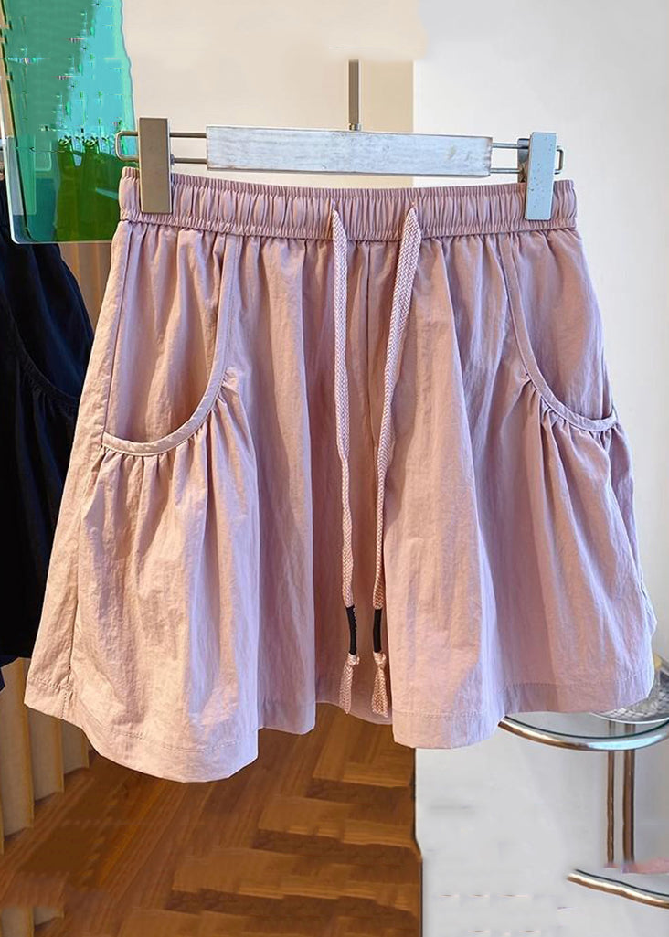 New Pink Pockets Elastic Waist Cotton Shorts Summer Qe012
