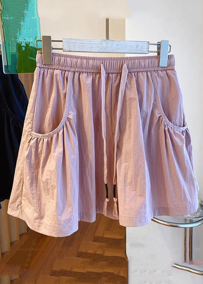 New Pink Pockets Elastic Waist Cotton Shorts Summer Qe012