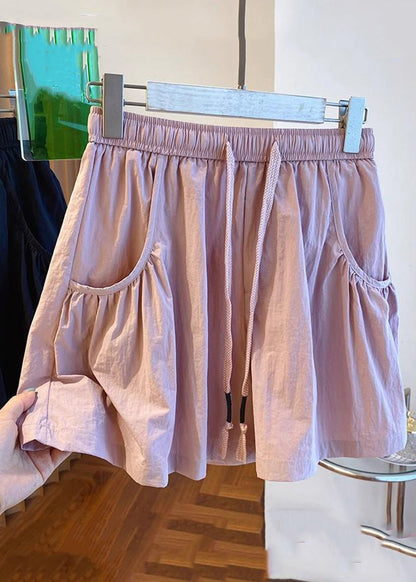 New Pink Pockets Elastic Waist Cotton Shorts Summer Qe012