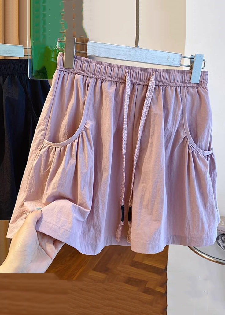 New Pink Pockets Elastic Waist Cotton Shorts Summer Qe012