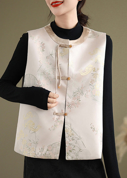 New Pink Print Chinese Button Silk Waistcoat Sleeveless Qg028
