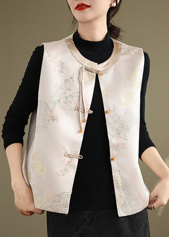 New Pink Print Chinese Button Silk Waistcoat Sleeveless Qg028
