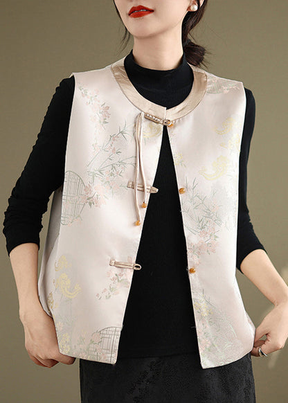 New Pink Print Chinese Button Silk Waistcoat Sleeveless Qg028