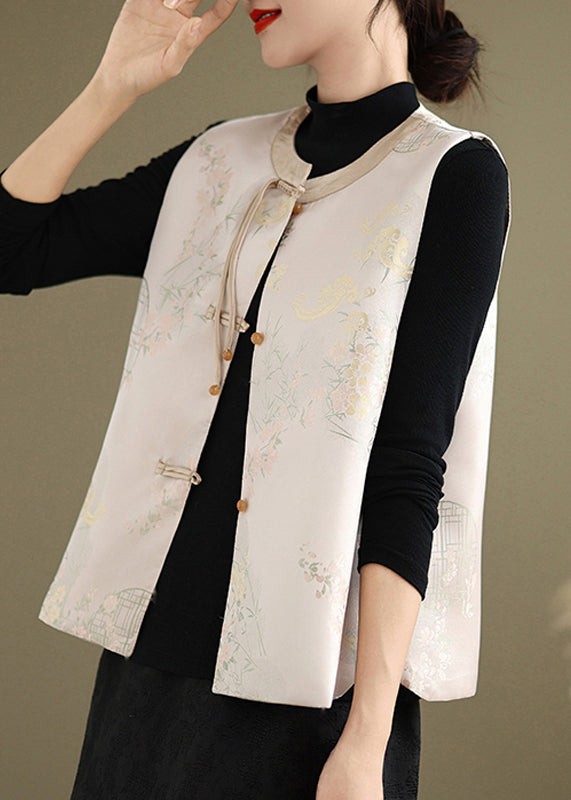 New Pink Print Chinese Button Silk Waistcoat Sleeveless Qg028