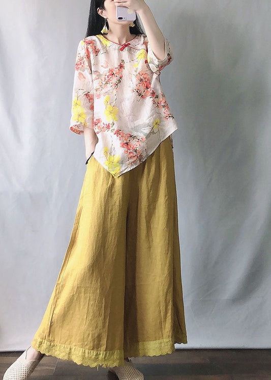 New Pink Print Tops and Yellow Wide Leg Pants Cotton Two-piece Set Half Sleeve Vv058