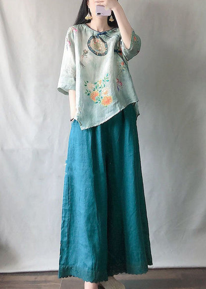 New Pink Print Tops and Yellow Wide Leg Pants Cotton Two-piece Set Half Sleeve Vv058