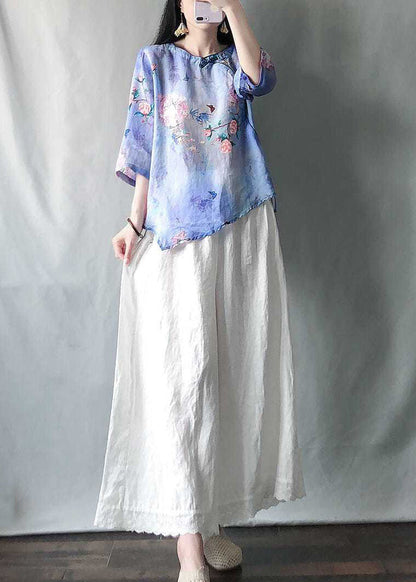 New Pink Print Tops and Yellow Wide Leg Pants Cotton Two-piece Set Half Sleeve Vv058