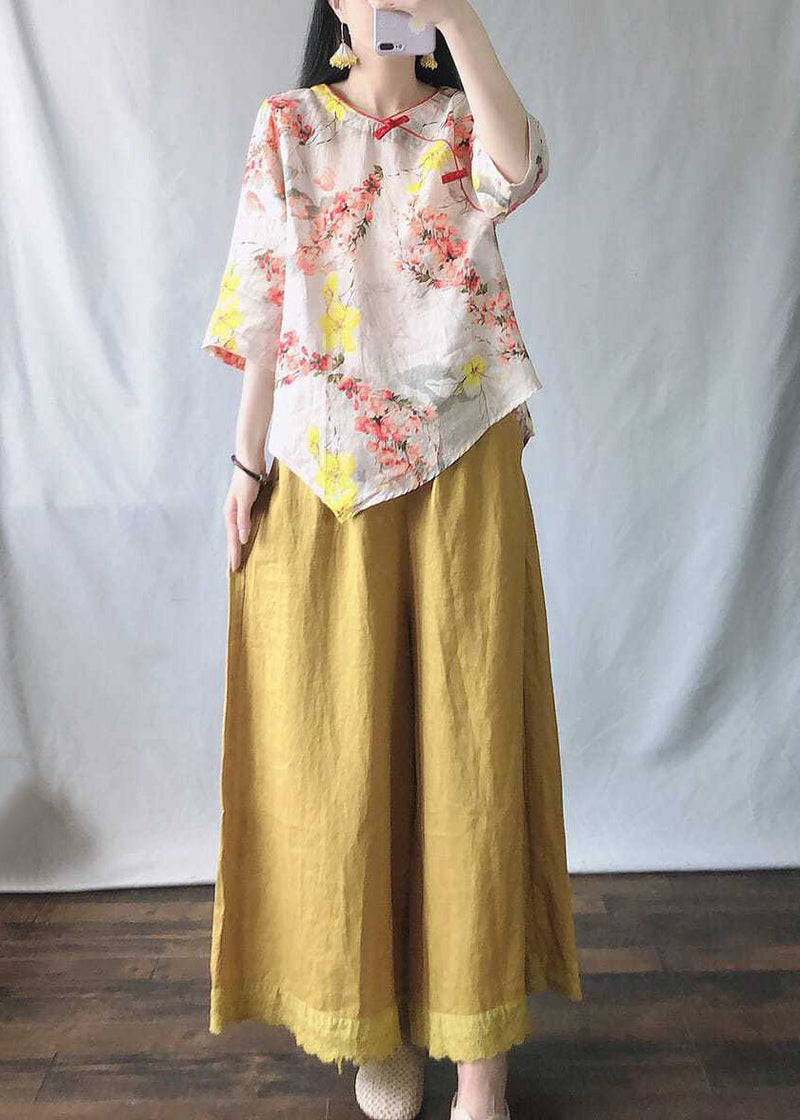 New Pink Print Tops and Yellow Wide Leg Pants Cotton Two-piece Set Half Sleeve Vv058