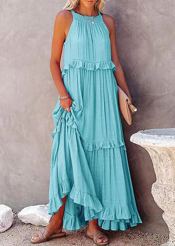 New Pink Ruffled Lace Up Cotton Long Dresses Sleeveless Tl017