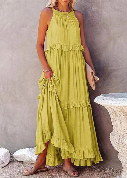 New Pink Ruffled Lace Up Cotton Long Dresses Sleeveless Tl017