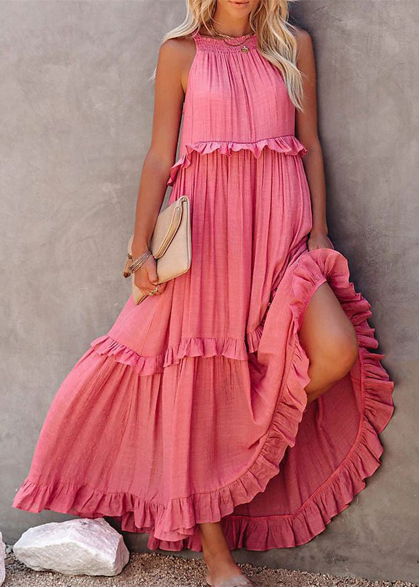 New Pink Ruffled Lace Up Cotton Long Dresses Sleeveless Tl017