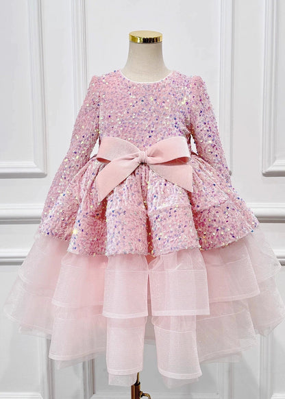 New Pink Sequins Tulle Patchwork Bow Maxi Dresses Spring Yg013