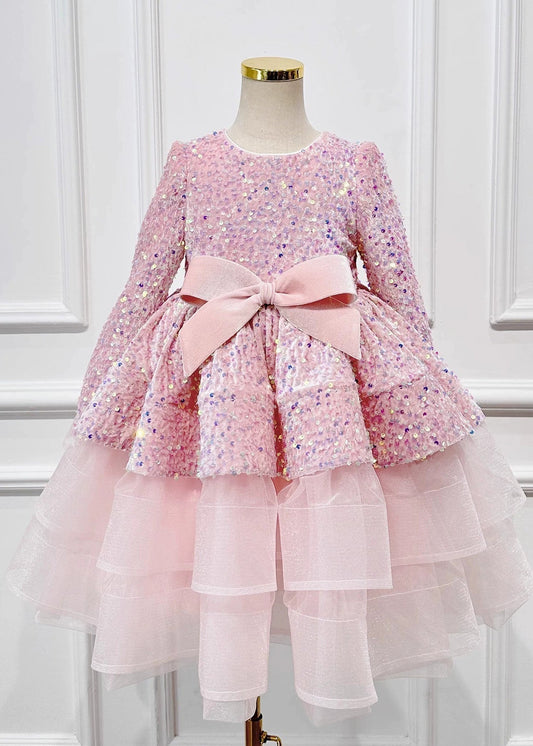 New Pink Sequins Tulle Patchwork Bow Maxi Dresses Spring Yg013