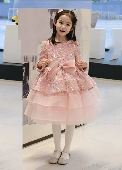 New Pink Sequins Tulle Patchwork Bow Maxi Dresses Spring Yg013