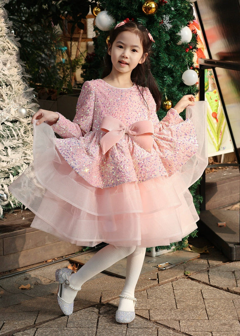 New Pink Sequins Tulle Patchwork Bow Maxi Dresses Spring Yg013