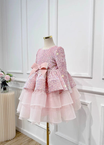 New Pink Sequins Tulle Patchwork Bow Maxi Dresses Spring Yg013
