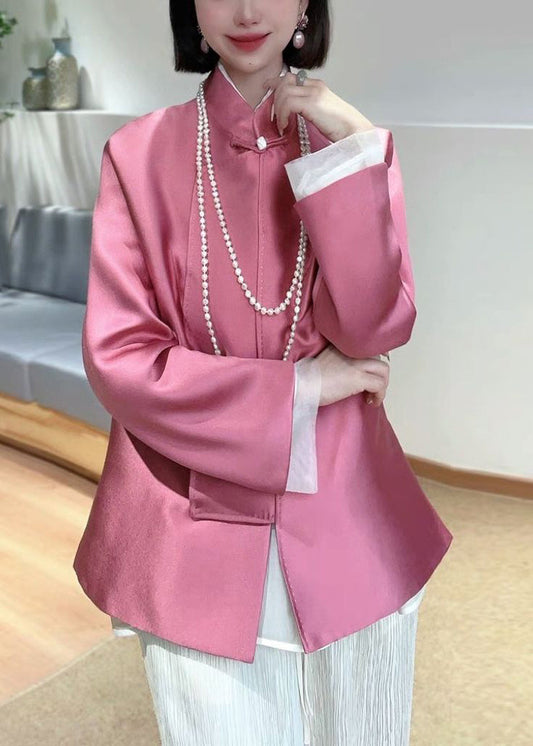 New Pink Stand Collar Button Patchwork Silk Coats Spring Qa1073