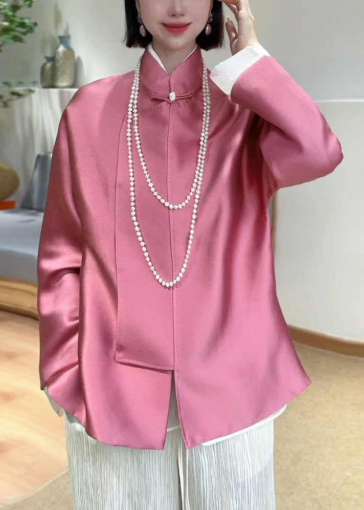 New Pink Stand Collar Button Patchwork Silk Coats Spring Qa1073