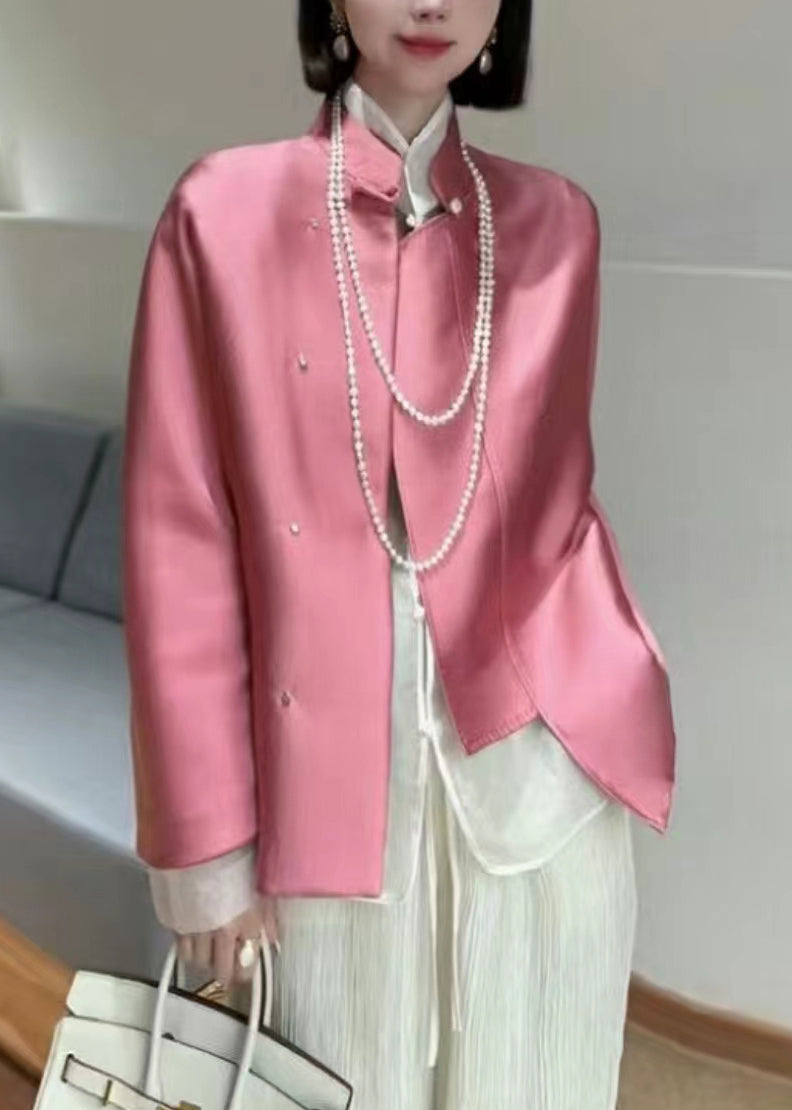 New Pink Stand Collar Button Patchwork Silk Coats Spring Qa1073