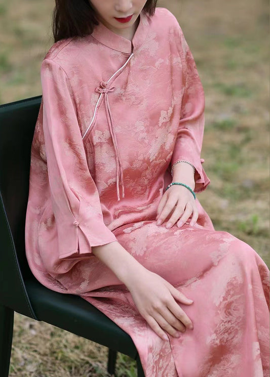 New Pink Stand Collar Chinese Button Silk Cotton Long Dress Bracelet Sleeve Au1051