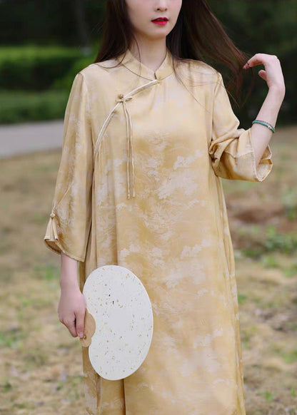 New Pink Stand Collar Chinese Button Silk Cotton Long Dress Bracelet Sleeve Au1051