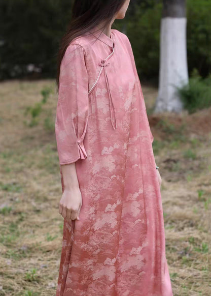 New Pink Stand Collar Chinese Button Silk Cotton Long Dress Bracelet Sleeve Au1051