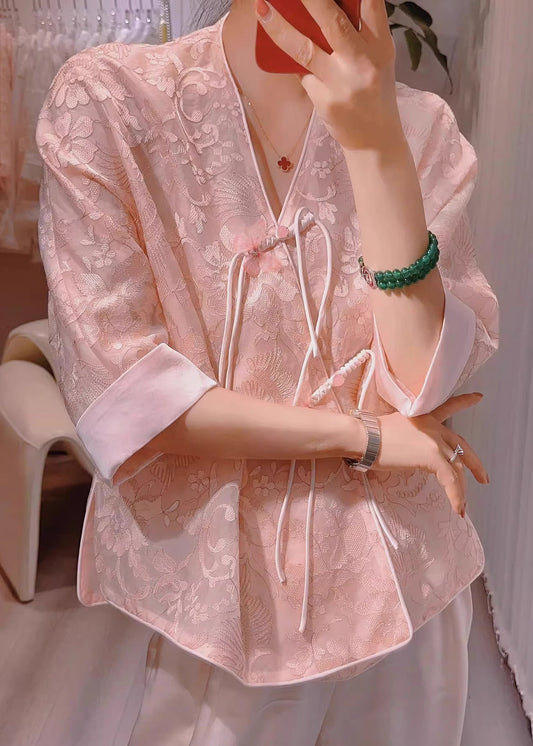 New Pink V Neck Embroidered Chinese Button Silk Blouses Half Sleeve Qa1074