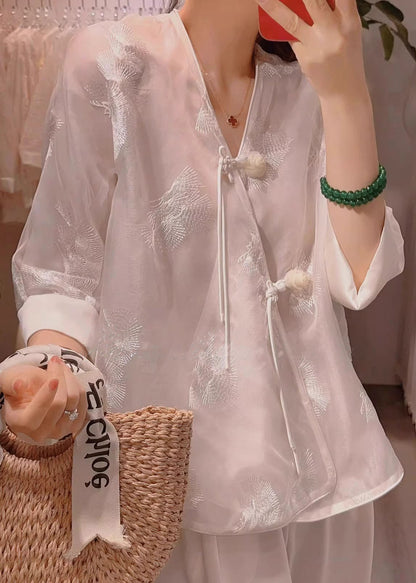 New Pink V Neck Embroidered Chinese Button Silk Blouses Half Sleeve Qa1074
