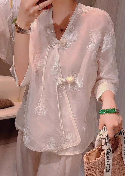 New Pink V Neck Embroidered Chinese Button Silk Blouses Half Sleeve Qa1074