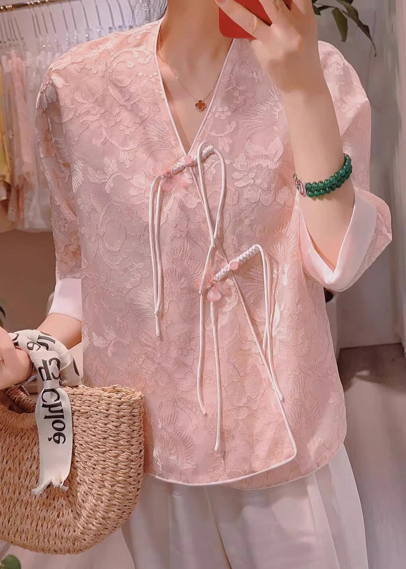 New Pink V Neck Embroidered Chinese Button Silk Blouses Half Sleeve Qa1074