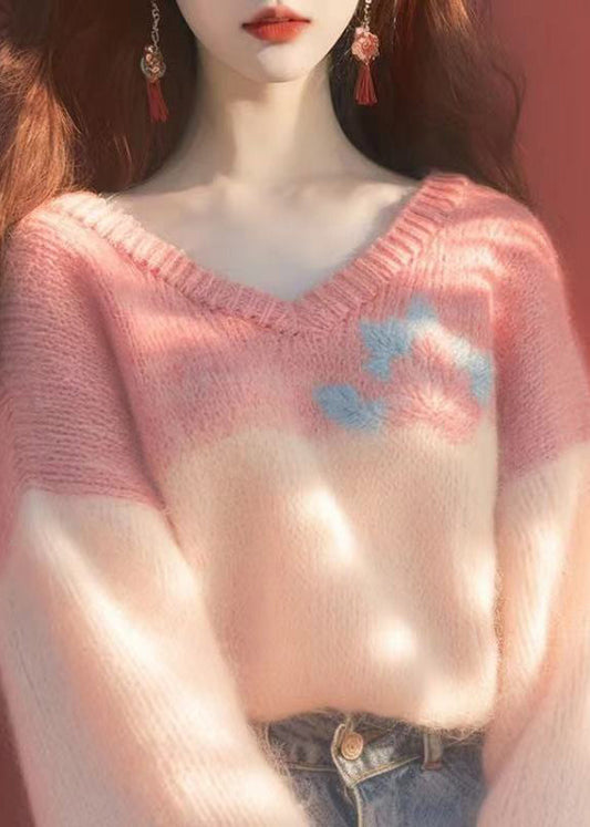 New Pink V Neck Patchwork Knit Sweaters Winter Wx020